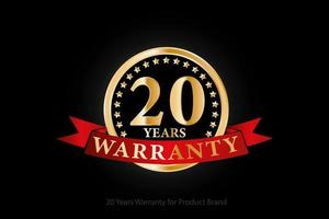 20 years golden warranty logo with ring and red ribbon isolated on black background, vector design for product warranty, guarantee, service, corporate, and your business.