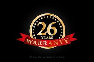 26 years warranty golden logo with ring and red ribbon isolated on black background, vector design for product warranty, guarantee, service, corporate, and your business.