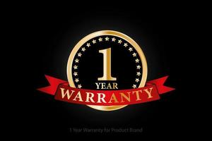 1 years golden warranty logo with ring and red ribbon isolated on black background, vector design for product warranty, guarantee, service, corporate, and your business.