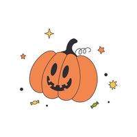 Vintage Halloween cute pumpkin . Jack o lantern icon. Funny smiling groovy monster face. Retro style of the 60s, 70s. Vector illustration