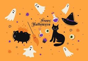 Greeting card, Happy Halloween banner. Vector hand drawn cute cartoon illustration. A postcard with a witches cauldron, ghosts, a black cat and a hat. Orange background