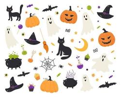 un conjunto de elementos de halloween. fantasmas, sombreros, una escoba, un gato negro, calabazas divertidas, un caldero con una poción, dulces. adecuado para álbumes de recortes, tarjetas de felicitación, invitaciones a fiestas, afiches, etiquetas, juegos de pegatinas. vector