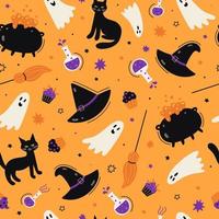 A festive seamless pattern with Halloween elements. Ghost, a cat, a witch's cauldron, a broom, a hat, sweets. Orange background. Vector illustration