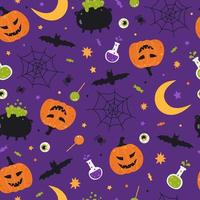 Holiday seamless pattern with Halloween elements. Pumpkin, potion, bat, candy, spider, web. Purple background. Vector illustration