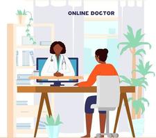 concepto de consulta médica en línea. mujer afroamericana sentada en el escritorio en casa hablando con el médico por videoconferencia. ilustración vectorial plana. vector