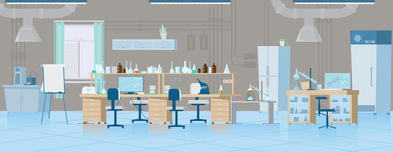 Vector Chemical Laboratory Interior With Equipment. Workplace With Flasks, Reagents, Microscope, Computer etc. Flat Illustration.