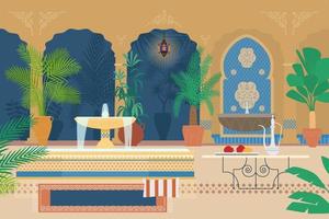 Flat Vector Illustration Of Arabian Palace Garden With Fountains, Tropical Plants, Archs, Lanterns, Table With Silver Tea Pot, Carpet.