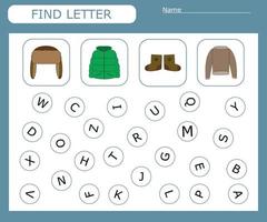 Find the first letter and match with the picture, a game for kids to learn the alphabet. Worksheet for printing. Educational game for children. vector