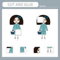 Worksheet vector design, the task is to cut and glue a piece on girls.  Logic game for children.