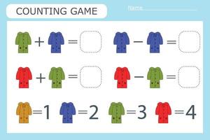 Counting game for preschool children. Solve the riddle with the help of children's clothes and solve the examples vector