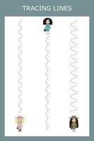 Trace line worksheet with little girls, dolls for kids, practicing fine motor skills.  Educational game for preschool children. vector