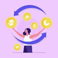 Currency exchange concept vector flat illustration. Businesswoman rotating cash money coin. Global monetary trading circulation round financial converter