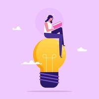 Businesswoman sitting on light bulb and reading the book. Man looking for new ideas. Education or creative idea concept, vector illustration