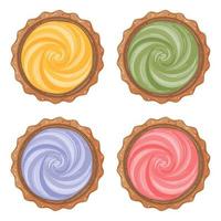 Set of vector cupcakes, different colors of cream. Top view cartoon icon. Isolated on white.