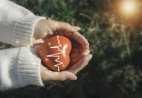 una mano que sostiene el corazón rojo. ella es la mano derecha izquierda que lo sostiene. salud del corazón, caridad voluntaria feliz, la foto muestra el principio del cuidado y la buena salud.