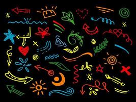 Vector hand drawn collection of design element. curly swishes, swoops, swirl, arrow, heart, love, crown, leaf, star, sun burst, firework, highlight text and emphasis element. use for concept design