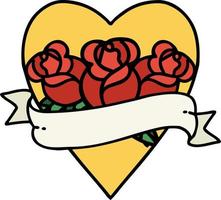 traditional tattoo of a heart and banner with flowers vector