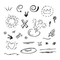 Vector hand drawn collection of design element. curly swishes, swoops, swirl, arrow, heart, love, crown, leaf, star, sun burst, firework, highlight text and emphasis element. use for concept design