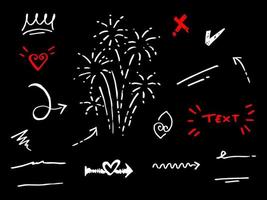 Vector hand drawn collection of design element. curly swishes, swoops, swirl, arrow, heart, love, crown, leaf, star, sun burst, firework, highlight text and emphasis element. use for concept design