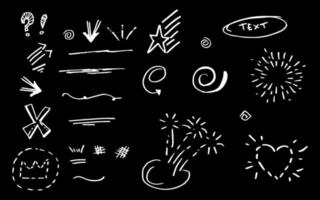 Vector hand drawn collection of design element. curly swishes, swoops, swirl, arrow, heart, love, crown, leaf, star, sun burst, firework, highlight text and emphasis element. use for concept design