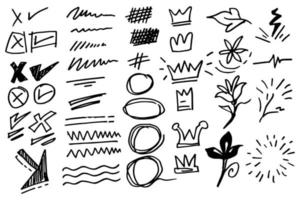 Vector hand drawn collection of design element. curly swishes, swoops, swirl, arrow, heart, love, crown, leaf, star, sun burst, firework, highlight text and emphasis element. use for concept design