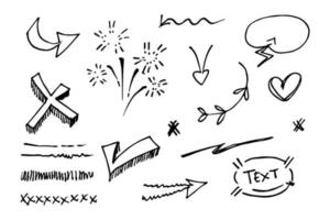 Vector hand drawn collection of design element. curly swishes, swoops, swirl, arrow, heart, love, crown, leaf, star, sun burst, firework, highlight text and emphasis element. use for concept design