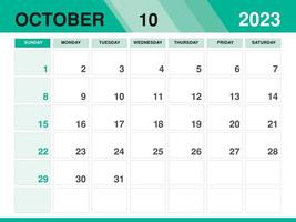 plantilla de octubre de 2023, vector de plantilla de calendario 2023, diseño mensual del planificador, calendario de escritorio 2023, diseño de calendario de pared, estilo mínimo, publicidad, afiche, medios de impresión, concepto de fondo verde