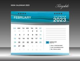 Desk calender 2023 - February 2023 template, Calendar 2023 design template, planner, simple, Wall calendar design, week starts on sunday, printing, advertiement, Blue watercolor background, vector