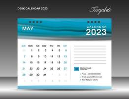 Desk calender 2023 - May 2023 template, Calendar 2023 design template, planner, simple, Wall calendar design, week starts on sunday, printing, advertiement, Blue watercolor background, vector