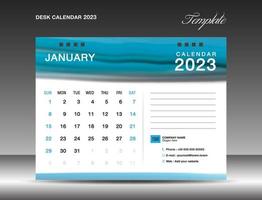 Desk calender 2023 - January 2023 template, Calendar 2023 design template, planner, simple, Wall calendar design, week starts on sunday, printing, advertiement, Blue watercolor background, vector