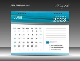 Desk calender 2023 - June 2023 template, Calendar 2023 design template, planner, simple, Wall calendar design, week starts on sunday, printing, advertiement, Blue watercolor background, vector