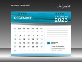 calendario de escritorio 2023 - plantilla de diciembre de 2023, plantilla de diseño de calendario 2023, planificador, simple, diseño de calendario de pared, la semana comienza el domingo, impresión, anuncio, fondo de acuarela azul, vector