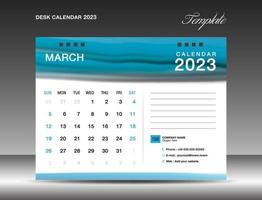 Desk calender 2023 - March 2023 template, Calendar 2023 design template, planner, simple, Wall calendar design, week starts on sunday, printing, advertiement, Blue watercolor background, vector