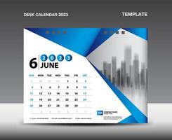 Calendar 2023 template vector- June 2023 year, Desk calendar 2023 design, Week starts Sunday, Planner, Stationery design, flyer design, Calendar printing design, Blue polygonal background concept vector