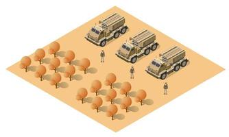 Module base camp object element for building design army armed troop isometric armed military transport objects. War equipment force graphic elements tank machine 3D illustration vector