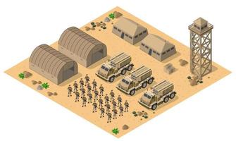 Module base camp object element for building design army armed troop isometric armed military transport objects. War equipment force graphic elements tank machine 3D illustration vector