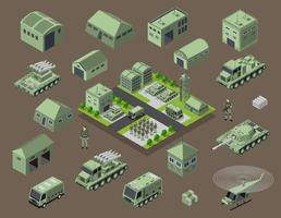 conjunto de tropas armadas del ejército objetos de transporte militar armado isométrico y equipo de combate de guerra elementos gráficos máquina de tanque ilustración 3d vector