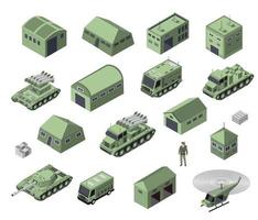 Set of army armed troop isometric armed military transport objects and war combat equipment force graphic elements tank machine 3D illustration vector