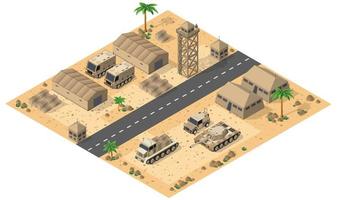 Module base camp object element for building design army armed troop isometric armed military transport objects. War equipment force graphic elements tank machine 3D illustration vector