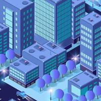 edificios nocturnos ciudad ultravioleta azul inteligente isométrica futurista en la noche con luces. ilustración 3d vector
