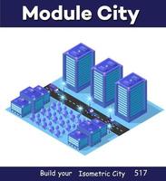 Night buildings futuristic isometric smart blue ultraviolet city at night with lights. 3D illustration. vector