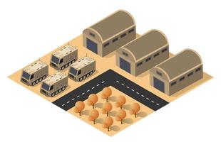 Module base camp object element for building design army armed troop isometric armed military transport objects. War equipment force graphic elements tank machine 3D illustration vector