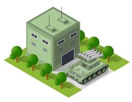 Module base camp object element for building design army armed troop isometric armed military transport objects. War equipment force graphic elements tank machine 3D illustration vector