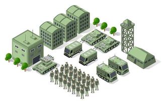 Set of army armed troop isometric armed military transport objects and war combat equipment force graphic elements tank machine 3D illustration vector