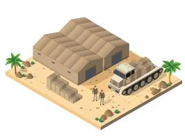 Module base camp object element for building design army armed troop isometric armed military transport objects. War equipment force graphic elements tank machine 3D illustration vector