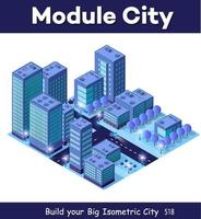 edificios nocturnos ciudad ultravioleta azul inteligente isométrica futurista en la noche con luces. ilustración 3d vector