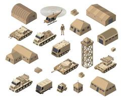 Set of army armed troop isometric armed military transport objects and war combat equipment force graphic elements tank machine 3D illustration vector