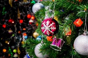 Decorated Christmas tree with colorful bauble on sparkling bokeh light blurred background photo