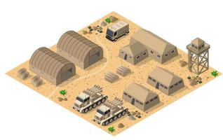 Module base camp object element for building design army armed troop isometric armed military transport objects. War equipment force graphic elements tank machine 3D illustration vector