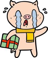 crying pig cartoon delivering christmas present vector